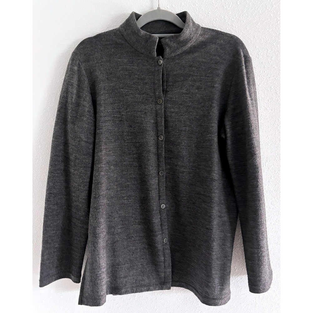 Eileen Fisher Wool Cardigan Women Medium Gray Mock Neck Minimalist Sustainable